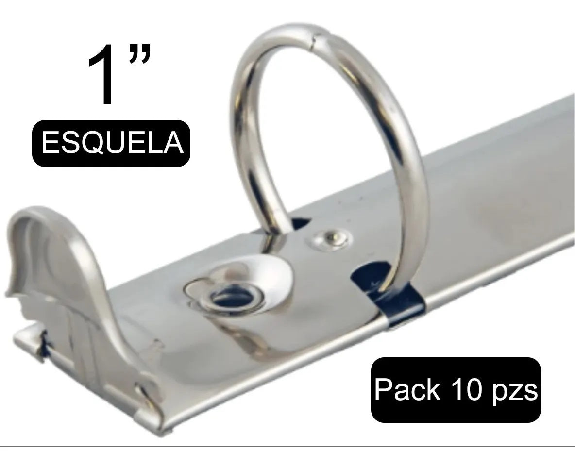 Herraje tamaño esquela de 216 mm con tres argollas circulares de 1 pulgada de diámetro, con palancas, base de 20 mm, y acabado níquel. Herraje tamaño esquela de 216 mm con tres argollas circulares de 1 pulgada de diámetro, con palancas, base de 20 mm, y acabado níquel.